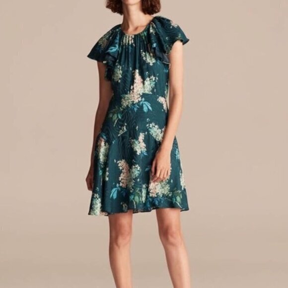 Rebecca Taylor Flutter Sleeve Hydrangea Tropical Teal Green Silk Dress